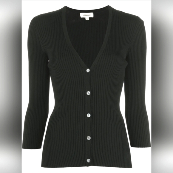 L'Agence Isabella Fitted Button-down 3/4 Sleeve Cardigan Black Ribbed Sweater -L - Picture 9 of 9